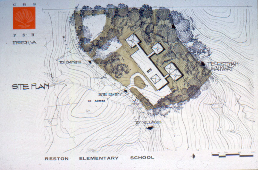 Color architectural rendering of the Reston Elementary School created in 1964. The drawing depicts the outline of the building from overhead and shows the topographical contours of the school site.  