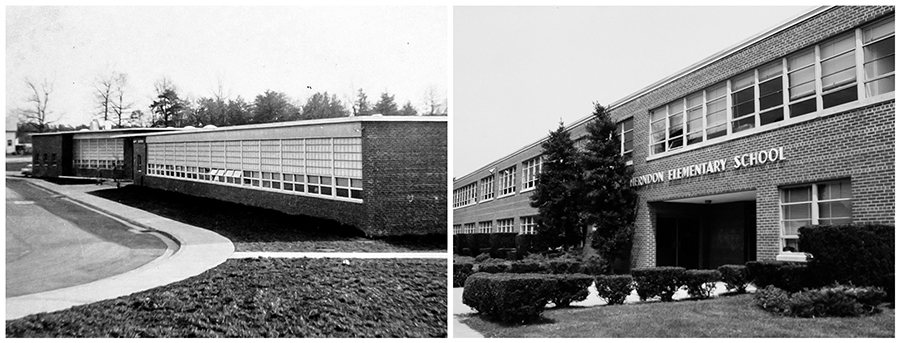 Black and white photograph of the front exteriors of Navy and Herndon elementary schools. Navy is a single story building, and Herndon is two stories tall. Both have brick-lined exteriors with rows of large windows in every classroom. 