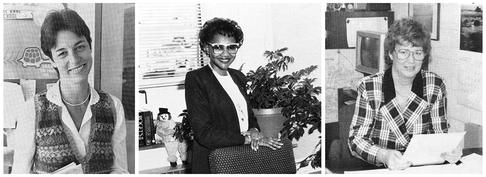 Black and white yearbooks portraits of principals Amanda Griggs, Michele Freeman, and Ann Erler. Griggs’ photo was taken in 1987, Freeman’s in 1990, and Erler’s in 1990. 