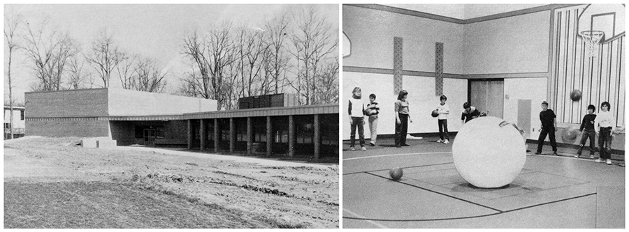 Two black and white photographs showing the brand new gymnasium. On the left is an exterior photograph of the structure, and on the right is an interior photograph showing children playing with a large inflatable ball. 