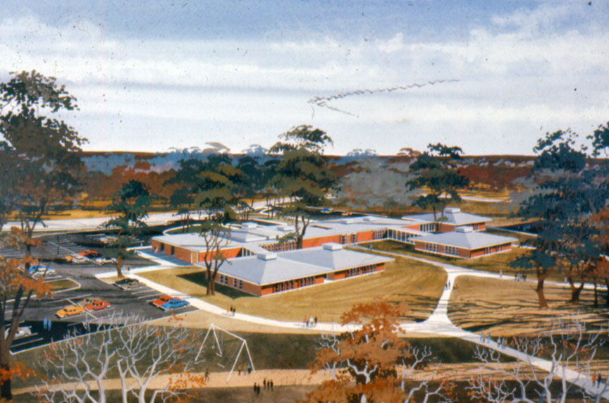 Color illustration of Lake Anne Elementary School created during the planning process for the building. 
