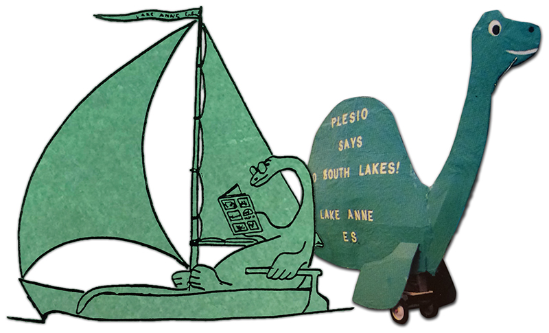 Illustration of Plesio, a plesiosaur dinosaur, sitting in a sailboat reading a book. Next to the illustration is a photograph of large Plesio parade float. 