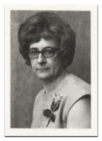Black and white, head-and-shoulders staff portrait of Principal Beatrice Ward taken during the summer of 1969. 