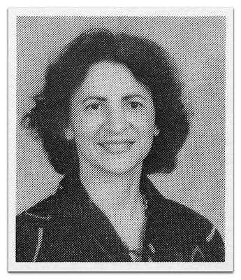 Black and white yearbook portrait of kindergarten teacher Lena Goreski taken in 1987. 