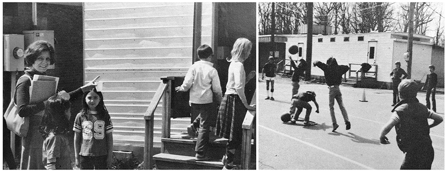 Two black and white photographs of the trailers behind Lake Anne Elementary School. In the photograph on the left, taken in 1978, students and a teacher can be seen walking up the stairs into one of the classroom trailers. In the photograph on the right, taken in 1981, children are playing on the blacktop and the trailer is visible in the background. 