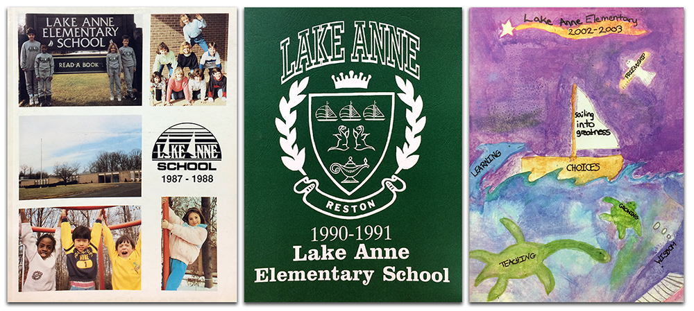 Photographs of the covers of three Lake Anne yearbooks. On the left is the cover from 1987 to 1988. It features five color photographs. Four are of students and one is of the building. In the center is the cover from 1990 to 1991. It is a simple white text on dark green background design. The central image is similar to a family crest. It is a shield emblazoned with three sailboats, two Plesio mascot figures, and an oil lamp. The shield has laurel branches on both sides, a crown above it, and the word Reston written on a banner beneath it. The cover on the right is from 2002 to 2003. It is a student-drawn illustration of a sailboat on a watercolored blue sea and purple sky background. A plesiosaur, dolphin, and sea turtle are swimming in the water. Each animal and the sail of the ship have words written on them: Friendship, Learning, Teaching, Growing, Choices, and the phrase Sailing into Greatness. 